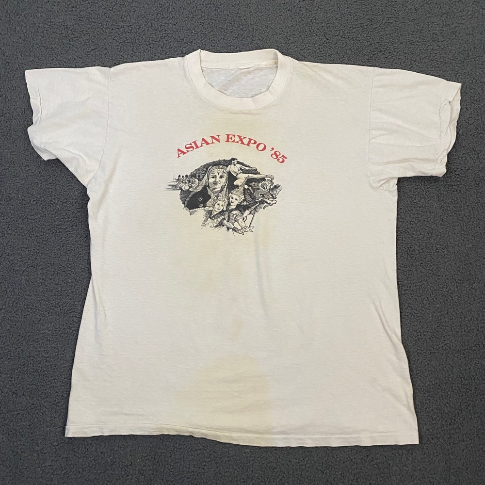 Vintage 80s T-shirt FITS Mens Medium White Asian Expo Thin Ssingle Stitch Retro